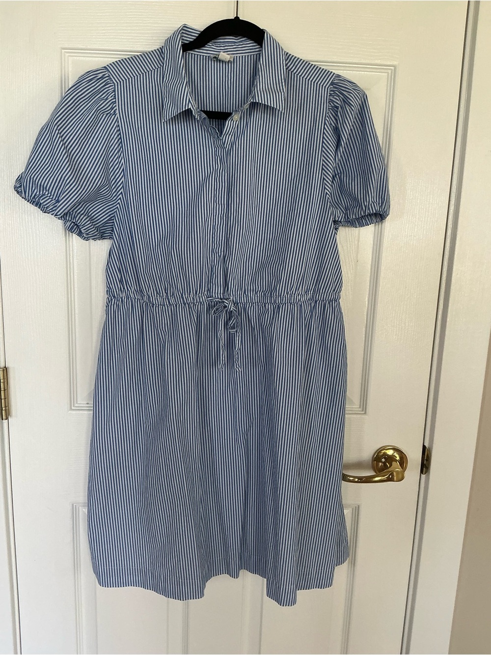 J. Crew Factory Blue and White Striped Drawstring Shirt Dress with Puff Sleeves